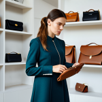 A sophisticated female product designer, fully clothed in a modest, professional business dress, holding and examining a sleek, modern handbag made of mycelium leather with a focused expression. The setting is a minimalist, high-end design studio with clean lines, soft natural lighting, and shelves displaying other innovative, sustainable fashion accessories in the background. Perfect anatomy, correct proportions, natural pose, well-formed hands, proper finger count, professional photography, high detail, studio lighting, soft shadows, realistic, safe for work, appropriate content, fully clothed, professional, modest.