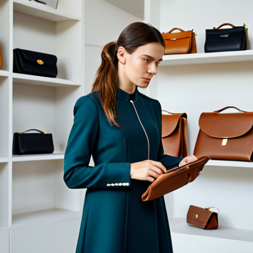 Home 11 A sophisticated female product designer, fully clothed in a modest, professional business dress, holding and examining a sleek, modern handbag made of mycelium leather with a focused expression. The setting is a minimalist, high-end design studio with clean lines, soft natural lighting, and shelves displaying other innovative, sustainable fashion accessories in the background. Perfect anatomy, correct proportions, natural pose, well-formed hands, proper finger count, professional photography, high detail, studio lighting, soft shadows, realistic, safe for work, appropriate content, fully clothed, professional, modest.