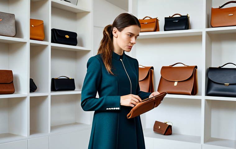 A sophisticated female product designer, fully clothed in a modest, professional business dress, holding and examining a sleek, modern handbag made of mycelium leather with a focused expression. The setting is a minimalist, high-end design studio with clean lines, soft natural lighting, and shelves displaying other innovative, sustainable fashion accessories in the background. Perfect anatomy, correct proportions, natural pose, well-formed hands, proper finger count, professional photography, high detail, studio lighting, soft shadows, realistic, safe for work, appropriate content, fully clothed, professional, modest.