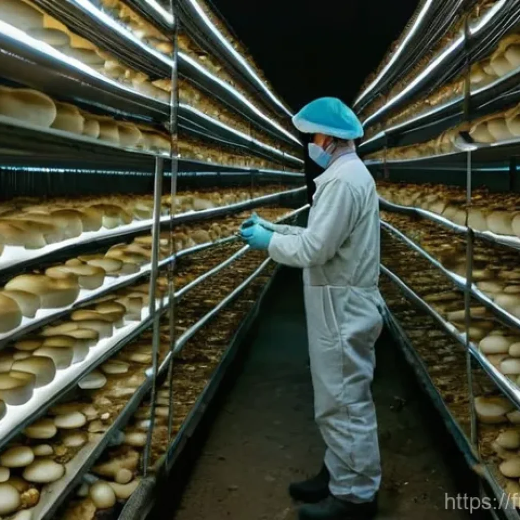 버섯 소재의 공급망 관리 - **"Meticulous Mushroom Harvest in a Controlled French Farm"**
A highly detailed, wide-angle shot...