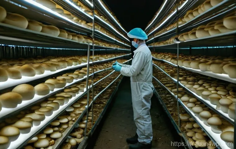 버섯 소재의 공급망 관리 - **"Meticulous Mushroom Harvest in a Controlled French Farm"**
A highly detailed, wide-angle shot...