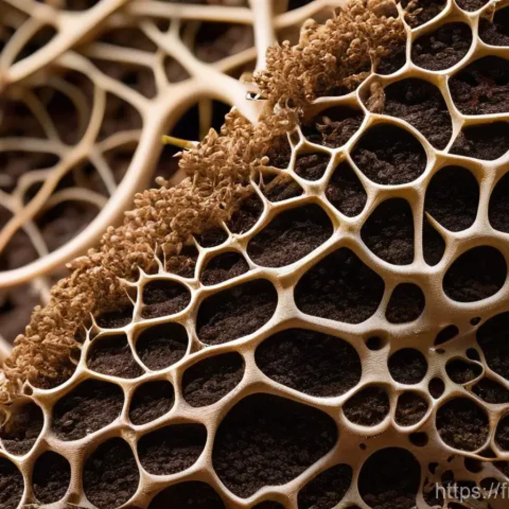버섯 소재의 대체재 역할 - **Prompt:** A close-up, artistic shot of a vibrant mycelial network intricately weaving through a be...