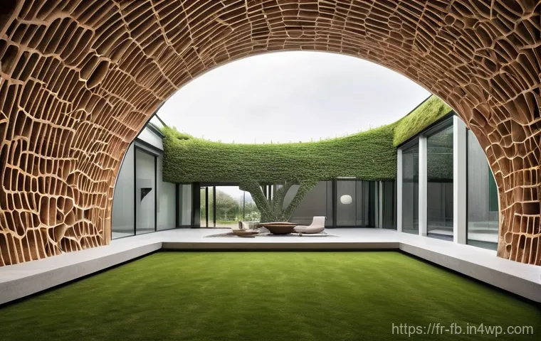 버섯 기반 소재의 기술적 발전 - **A futuristic, eco-friendly architectural marvel built primarily from mycelium bricks and panels.**...
