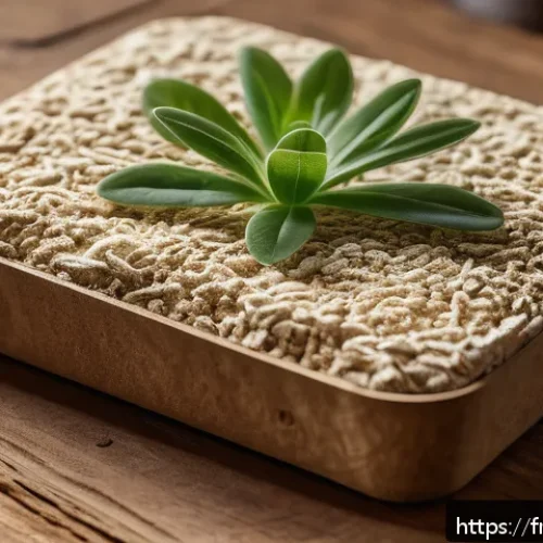 Home 31 버섯 소재의 친환경 패키징 - A detailed close-up of sustainable packaging made from mycelium, showcasing its dense, foam-like tex...