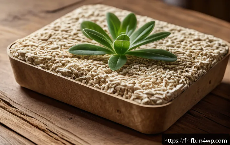 버섯 소재의 친환경 패키징 - A detailed close-up of sustainable packaging made from mycelium, showcasing its dense, foam-like tex...
