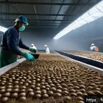 Home 18 버섯 소재의 유통 경로 분석 - A traditional French mushroom farm interior showing workers carefully harvesting fresh white button ...