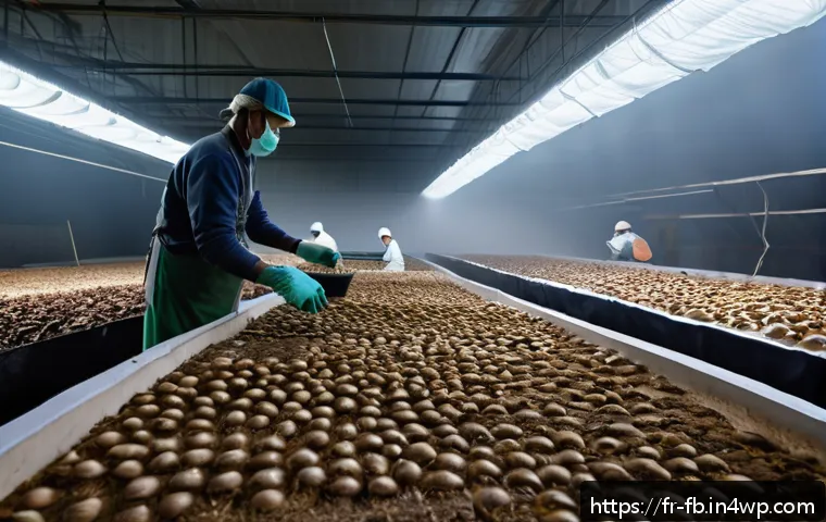 버섯 소재의 유통 경로 분석 - A traditional French mushroom farm interior showing workers carefully harvesting fresh white button ...