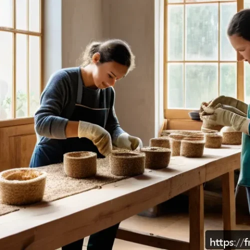 Home 29 버섯 기반 소재의 생분해성 특성 - A modern eco-friendly workshop scene showcasing artisans crafting biodegradable packaging made from ...