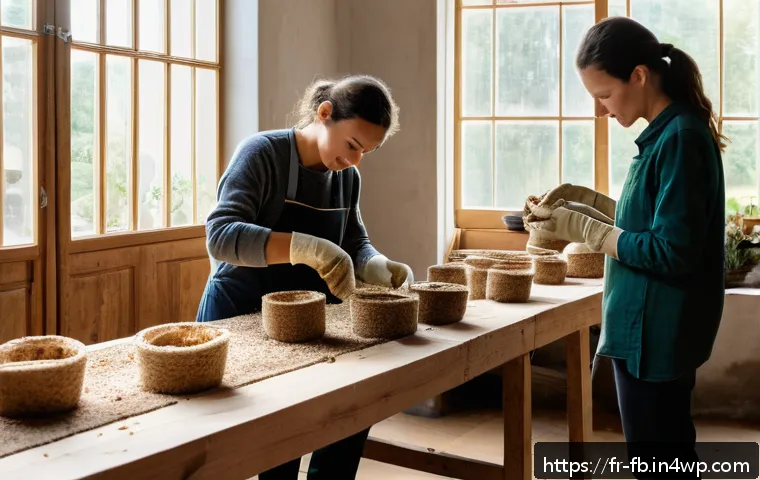 버섯 기반 소재의 생분해성 특성 - A modern eco-friendly workshop scene showcasing artisans crafting biodegradable packaging made from ...