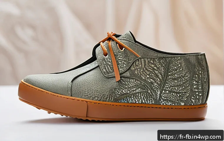 버섯 소재의 산업 혁신 사례 - A close-up of a sustainable fashion accessory made from mushroom mycelium leather, displayed on a mi...