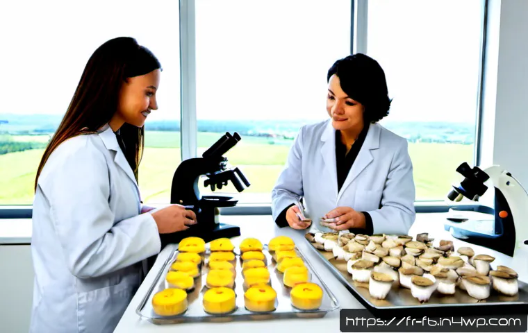 Home 17 버섯 기반 제품의 연구 동향 - Photorealistic research laboratory in France, a diverse team of food scientists in clean white lab c...
