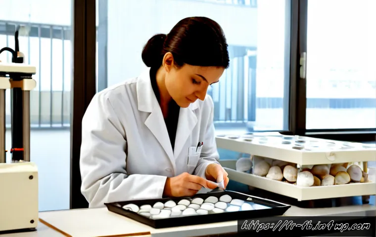 Home 17 버섯 기반 소재의 인증 기준 - Photorealistic French materials certification laboratory, a female scientist in a clean white coat c...