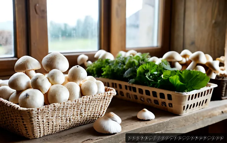 버섯 패키징의 지속 가능성 - Photorealistic French grocery market scene featuring fresh mushrooms in compostable molded pulp tray...